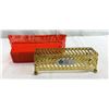 Image 2 : Vintage 1955 Poppy Red California Pottery Planter In Brass Caddy, Approx. 8" Tall