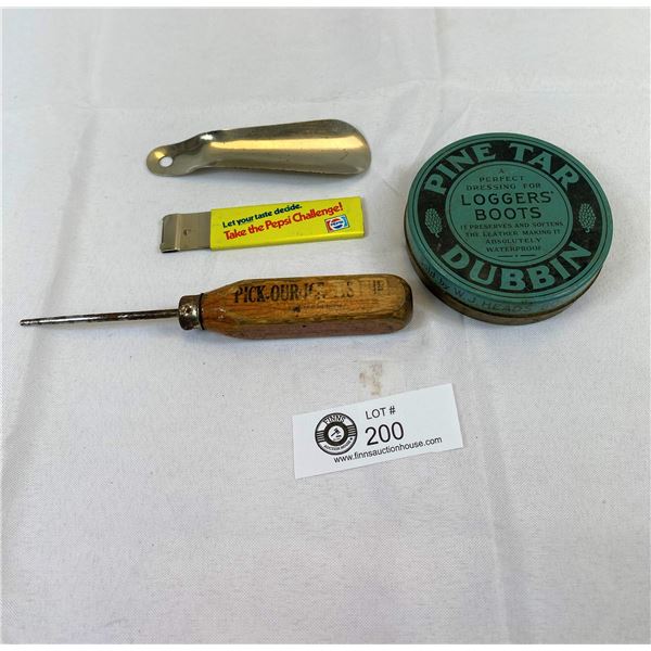 Antique Ice Delivery Co. Ltd. Ice Pick, Vintage Pepsi Cutter, Pine Tar Dubbin Tin And Shoehorn