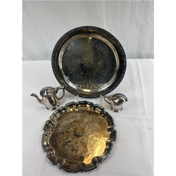 2 Vintage Highly Engraved Silver Plate Serving Trays And Silver Plate Cream And Sugar Set