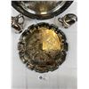 Image 2 : 2 Vintage Highly Engraved Silver Plate Serving Trays And Silver Plate Cream And Sugar Set