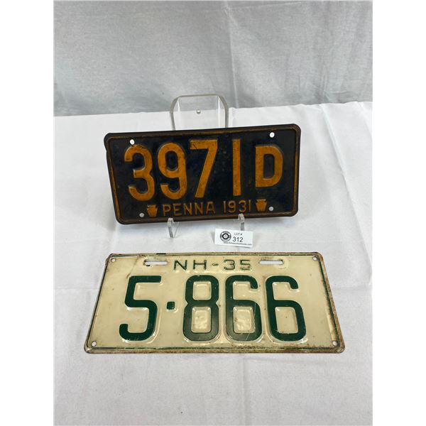 1931 Pennsylvania And 1935 New Hampshire License Plates, Nice Shape