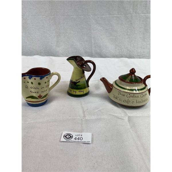 Nice Made in England Pottery Lot. Torquay Pottery Motto Ware Teapot and 2 Creamers