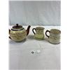 Image 1 : Nice Made in England Pottery Lot. Torquay Pottery Motto Ware Teapot and 2 Creamers