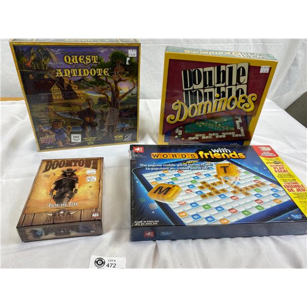 4 New Games Still Sealed In Original Plastic. Dominoes,Words, Doom Town and Quest for the Antidote