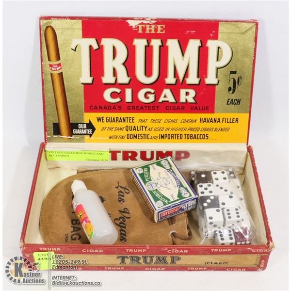 VINTAGE CIGAR BOX W/DICE AND ACCESSORIES