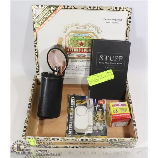 VINTAGE CIGAR BOX W/MEN'S STUFF & ACCESSORIES
