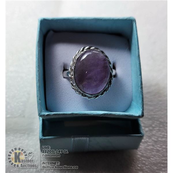 26)  OVAL NATURAL AMETHYST RING SET IN SILVER