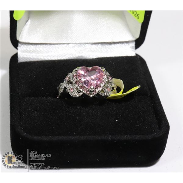 PINK HEART SILVER RING SZ 6