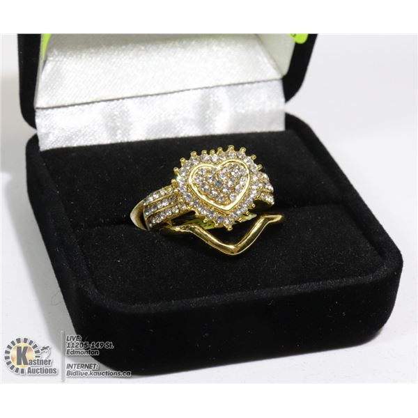 925 SILVER GOLD PLATED HEART RING SET SZ 8