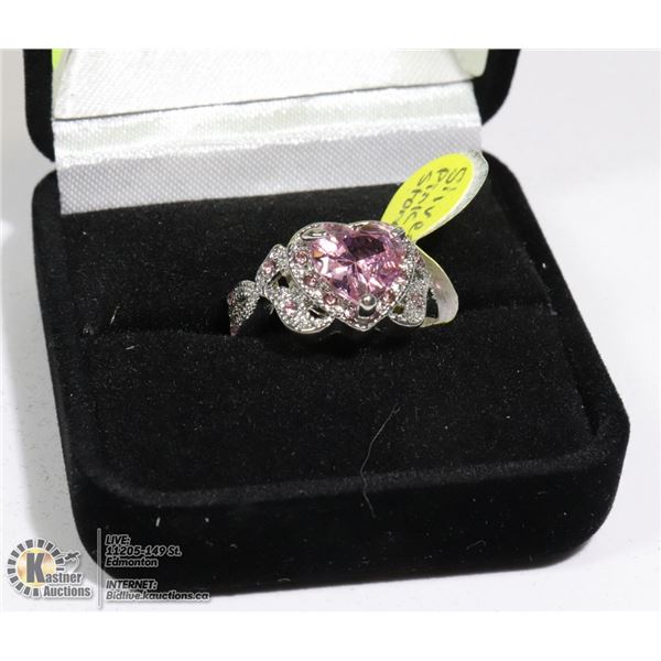 LADIES PINK HEART SILVER RING SZ 6