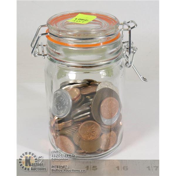 JAR WITH OLD MIXED WORLD COINS & PENNIES