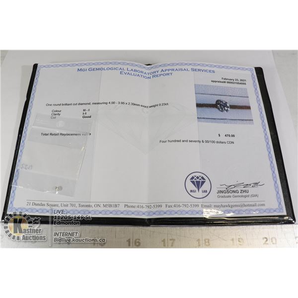 CERTIFIED .23 CARAT DIAMOND I1 H-I COLOUR $470
