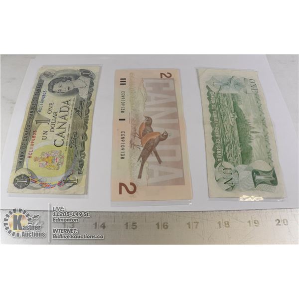 UNCLAIMED LOT OF 3 CANADIAN $1 AND $2 BILLS