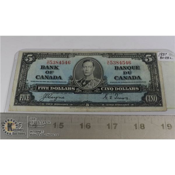 1937 CANADIAN FIVE DOLLAR BILL COINS & CURRENCY