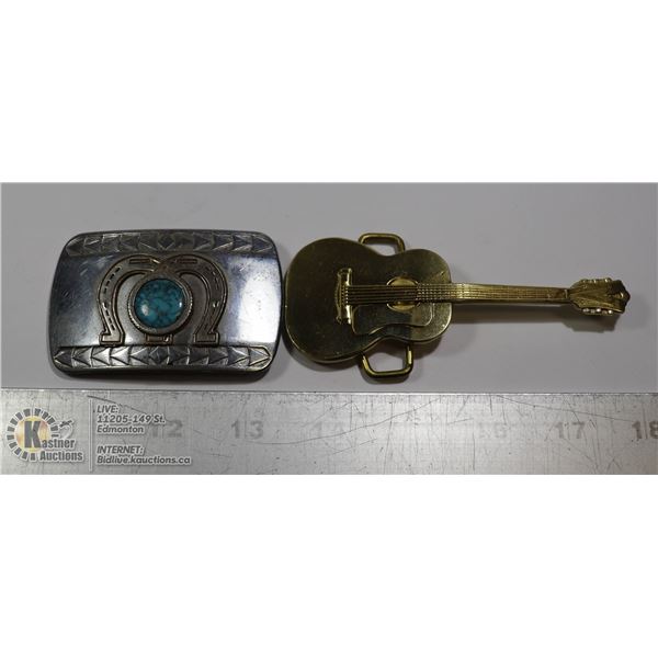 VINTAGE GUITAR & TURQOISE HORSESHOE BELT BUCKLES