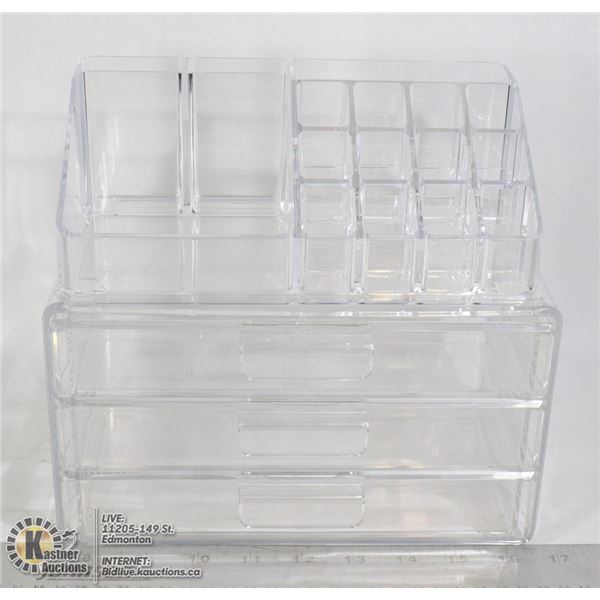CLEAR PLASTIC MAKEUP DISPLAY AND 3 DRAWER SET