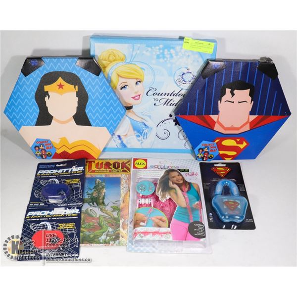 BOX OF WALL ART, EAR BUDS, SPORTS ITEMS