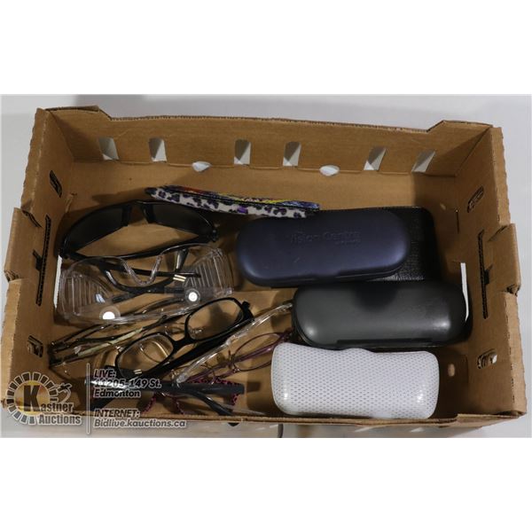 BOX OF READING GLASSES AND CASES