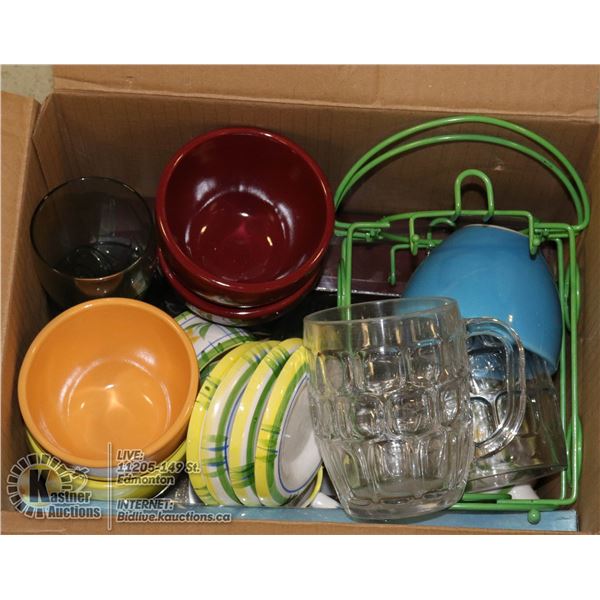 ESTATE BOX OF GLASSWARE, TEA SET, AND MORE