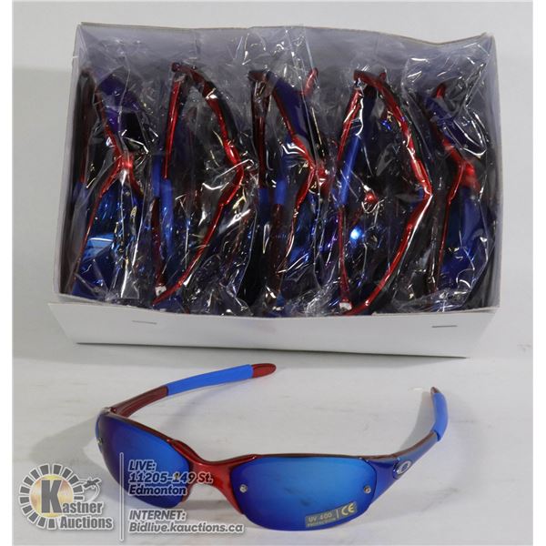 BOX OF RED AND BLUE OAKLEY STYLED DESIGNER GLASSES
