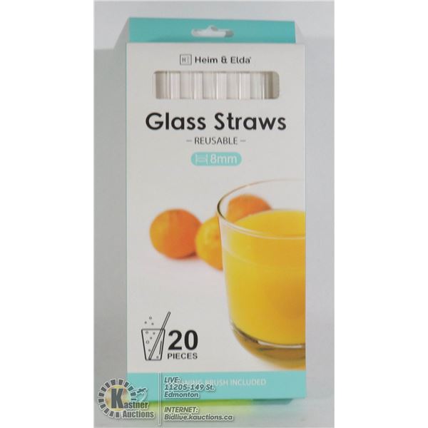 NEW 20PC REUSABLE GLASS STRAWS SET WITH CLEANING