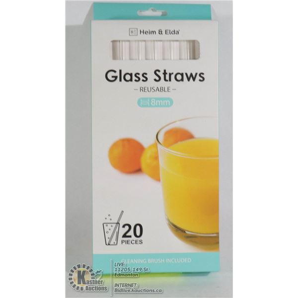 NEW 20PC REUSABLE GLASS STRAWS SET WITH CLEANING