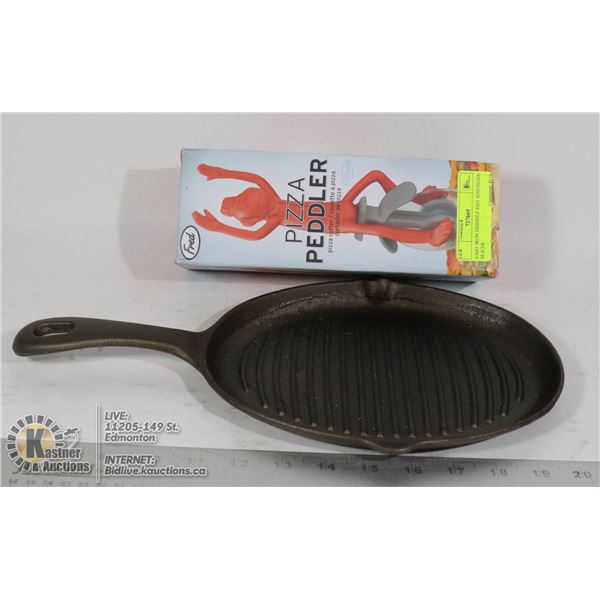CAST IRON GRIDDLE PAN AND PIZZA SLICER