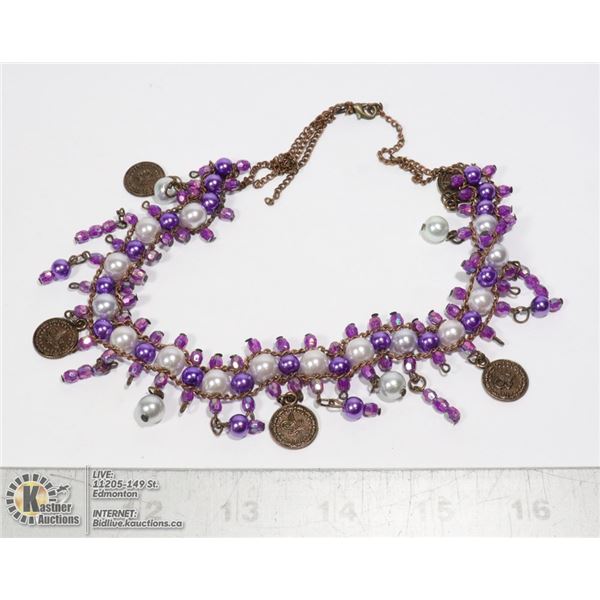 TURKISH NECKLACE PURPLE BEADS WITH COINS 17" NECKLACE PURCHASED N TURKEY.  PURPLE BEADS WITH FAUX PE
