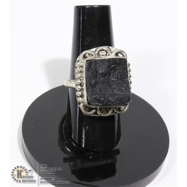 #130-BLACK TOURMALINE RING SIZE 6.5 JEWELRY/HEALING MINERAL/ SILVER PLATED/RAW