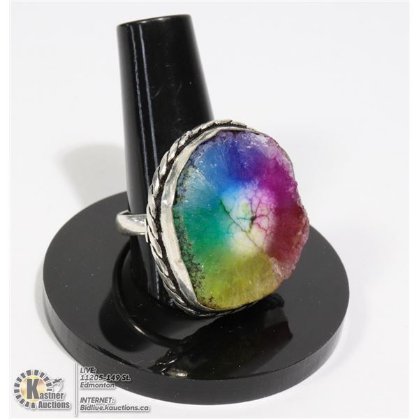 #122-RAINBOW SOLAR QUARTZ RING SIZE 10 JEWELRY/ HEALING MINERAL/ SILVER PLATED