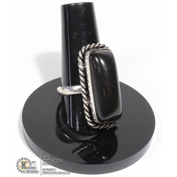 #141-BLACK OBSIDIAN RING SIZE 8 JEWELRY/ HEALING MINERAL/SILVER PLATED