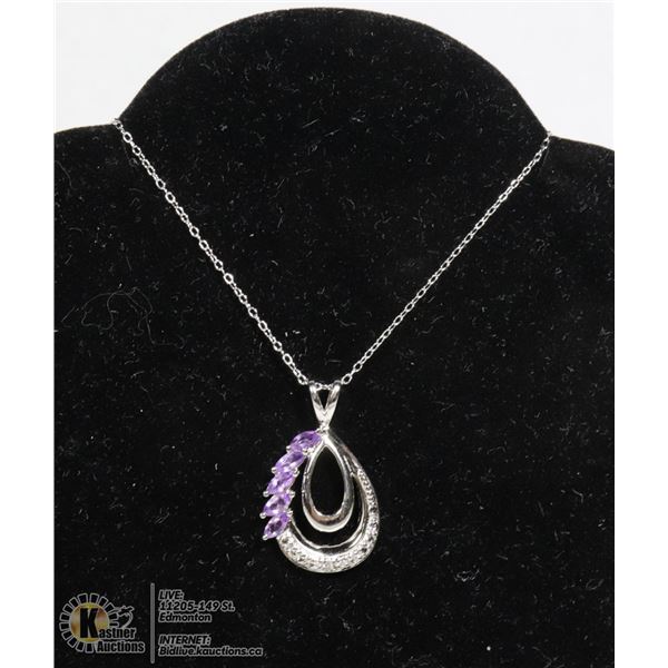 #157-AMETHYST PENDANT/ NECKLACE 18" JEWELRY/ .925 STERLING SILVER