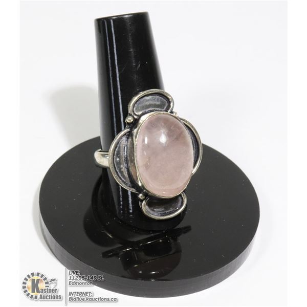 #139-PINK ROSE QUARTZ RING SIZE 8.75 JEWELRY/ HEALING MINERAL/SILVER PLATED