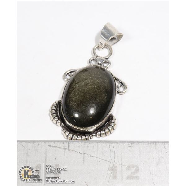 #148-BLACK OBSIDIAN PENDANT JEWELRY/ HEALING MINERAL/SILVER PLATED