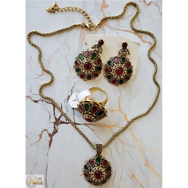 COMPLETE SET OF ETHNIC EARRINGS, RING SZ 7 & CHAIN WITH PENDANT