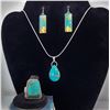 Image 1 : 6)  SUITE OF TURQUOISE WITH GOLD FLECK TEAR DROP PENDANT ON 18" SNAKE CHAIN, SIZE 8 TRAPAZOID RING W