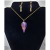 Image 1 : 7)  RAINBOW TITANIUM CRYSTAL AGITATOR PENDANT  ON 18" GOLD TONE CHAIN AND COORDINATING DROP EARRINGS