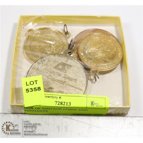 BOX OF VINTAGE COINS AND PENDANTS CANADAS CENTENNIAL COIN FROM CAMROSE ALBERTA, KLONDIKE DAYS COIN 1