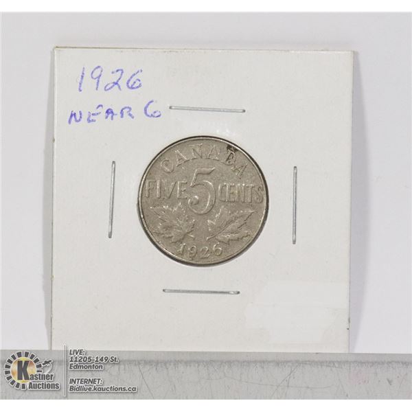 1926 CANADIAN FIVE CENT COIN- NEAR 6