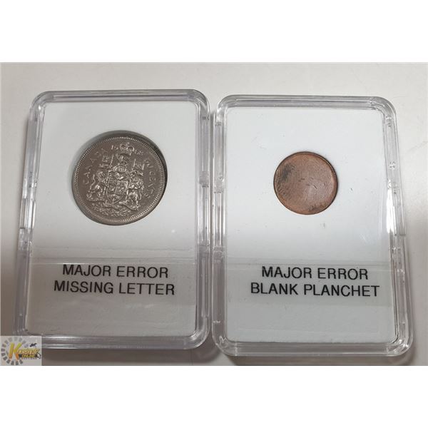 MAJOR MINT ERRORS, BLANK PLANCHET + MISSING LETTER