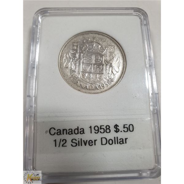1958 CANADIAN SILVER 1/2 DOLLAR, ALMOST