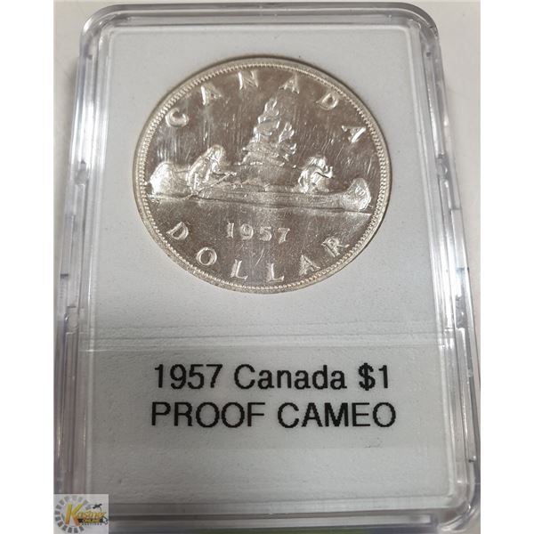 1957 CANADIAN SILVER $1, PROOF CAMEO, 3 WL VARIETY