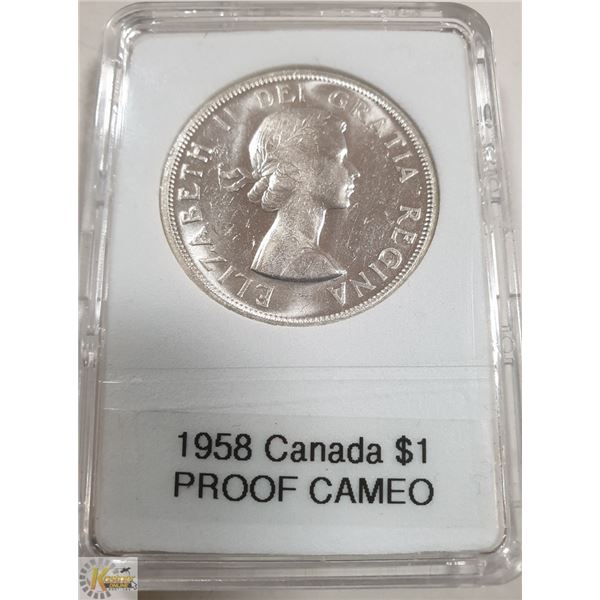 1958 CANADIAN SILVER $1, PROOF CAMEO "DEATH TOTEM