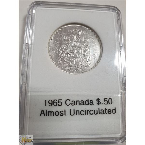1965 CANADIAN SILVER 1/2 DOLLAR, ALMOST