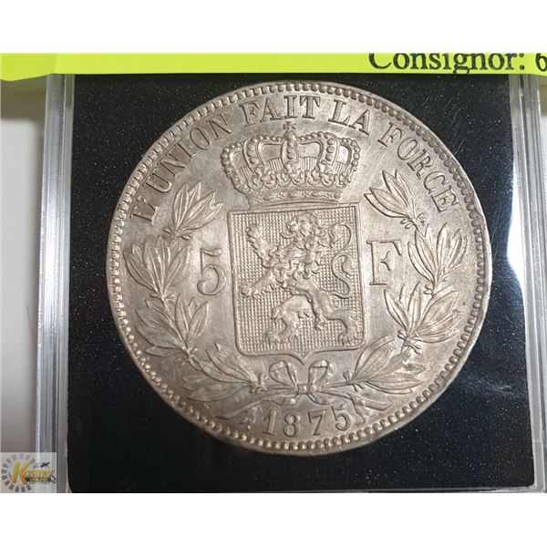 1875 LEOPOLD II .900 SILVER 5 FRANCS