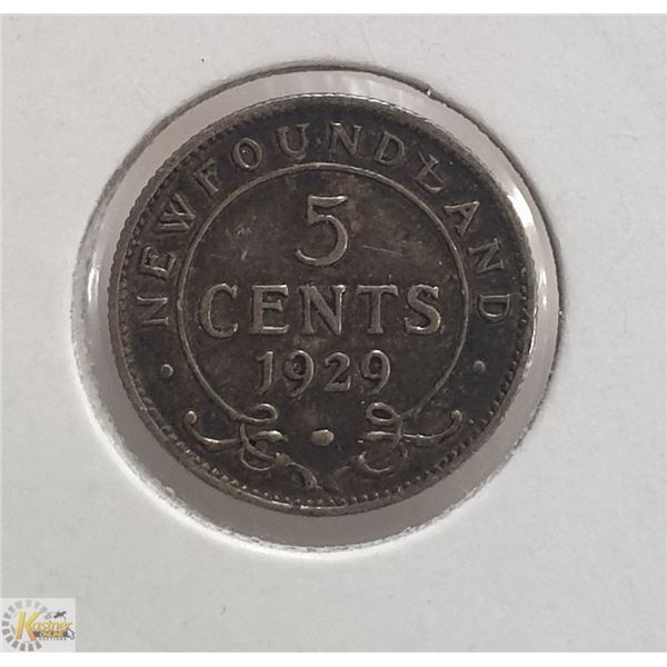 HIGH GRADE 1929 NEWFOUNDLAND SILVER 5 CENT