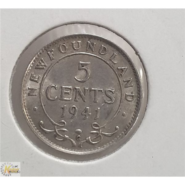 HIGH GRADE 1941 NEWFOUNDLAND SILVER 5 CENT
