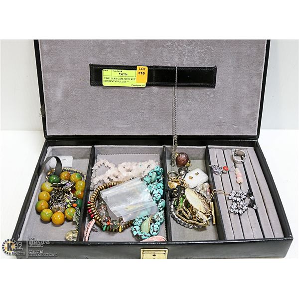 JEWELLERY CASE WITH KEY AND CONTENTS INCLUDING