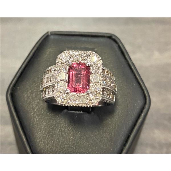 18 K  WHITE GOLD RUBELITE TOURMALINE DIAMOND RING