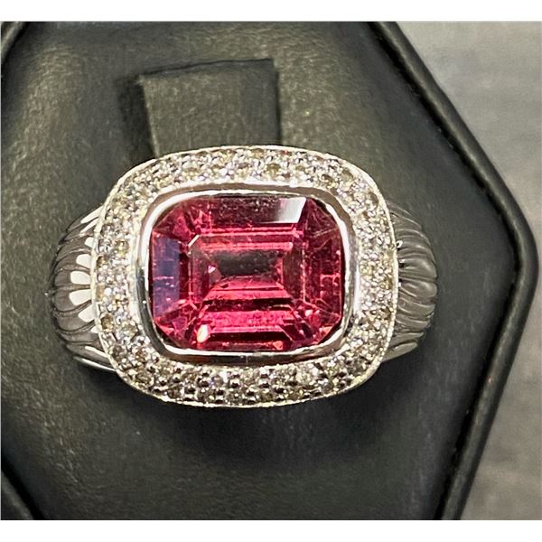 14 K WHITE GOLD RUBELITE TOURMALINE DIAMOND RING